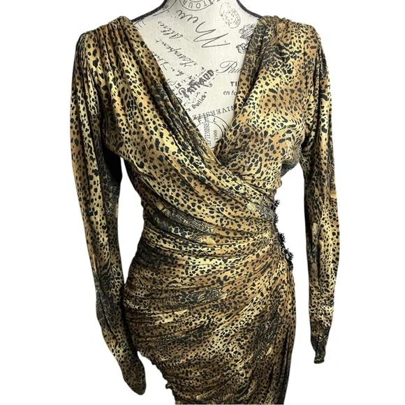 VTG 80s Tadashi Brown and Black Animal Print Drape  Dress - Picture 2 of 8